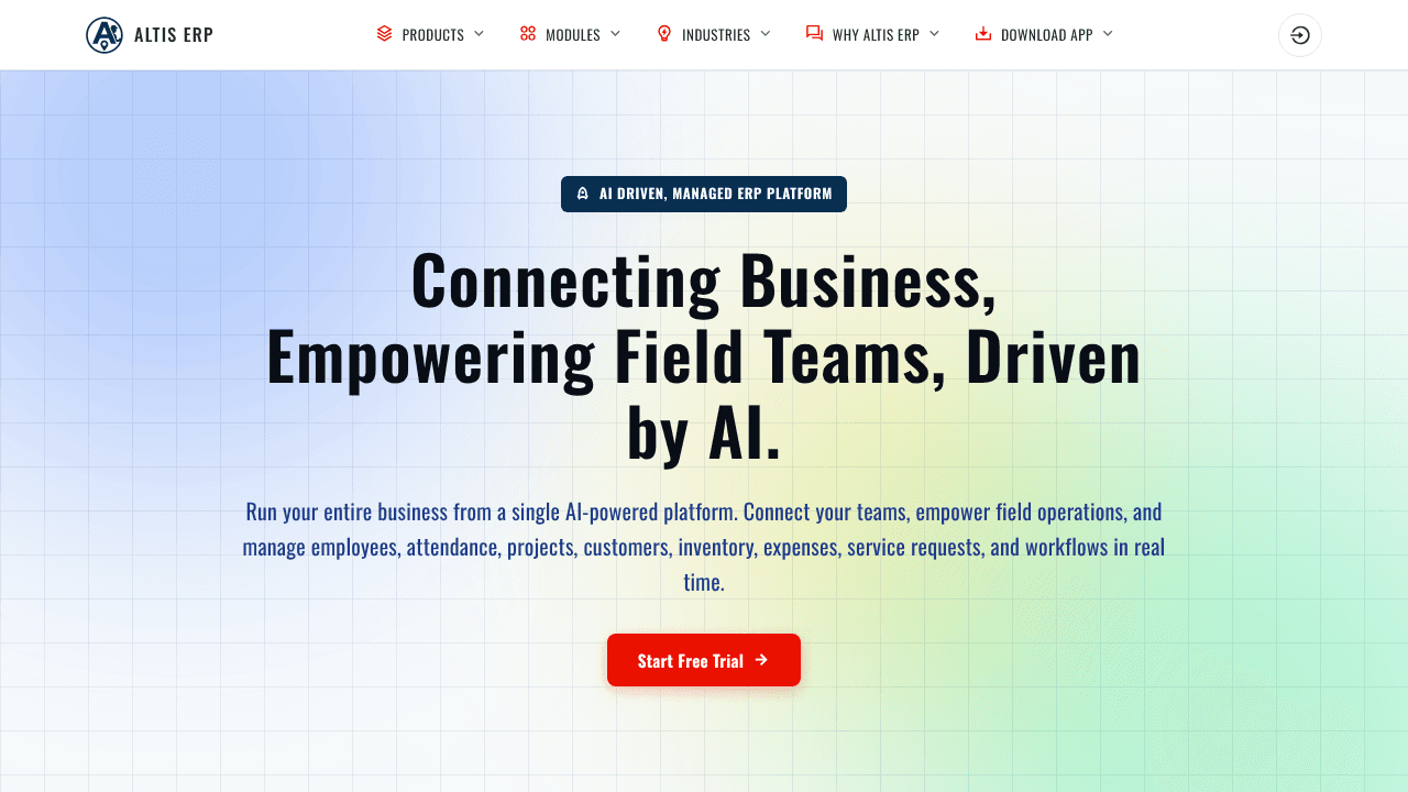 Altis ERP website screenshot