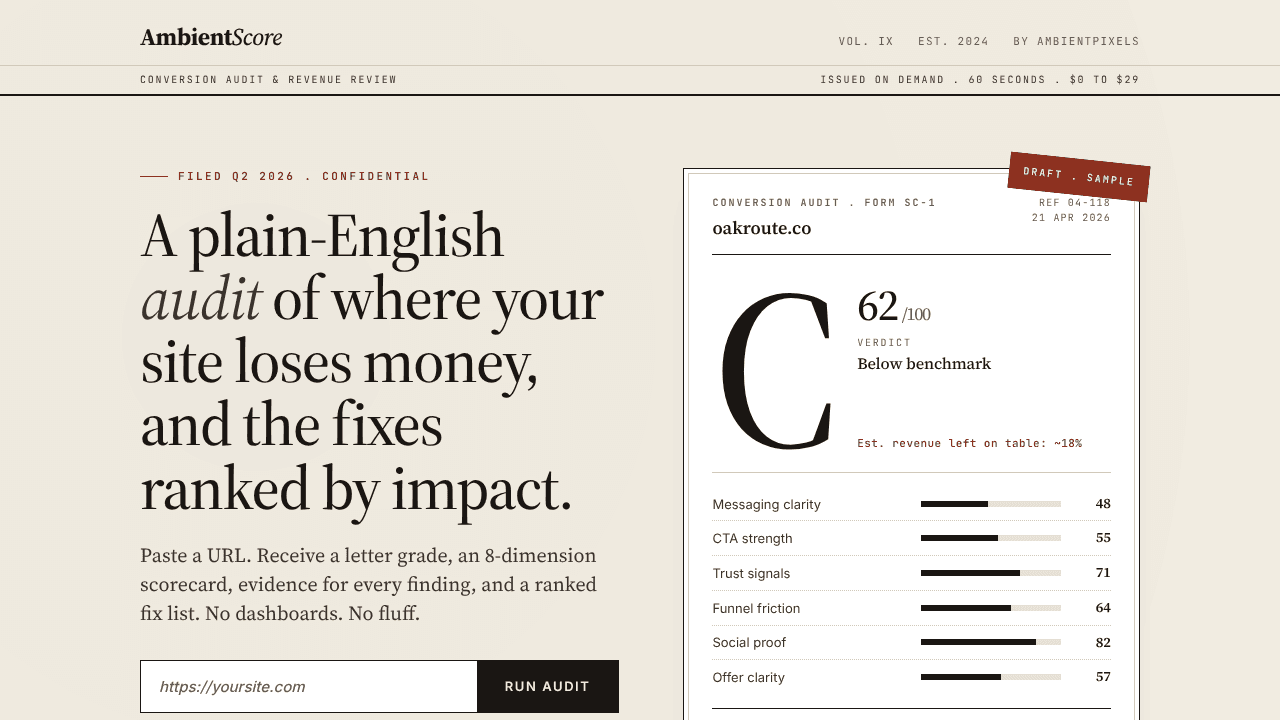 AmbientScore . Conversion Audit Report website screenshot