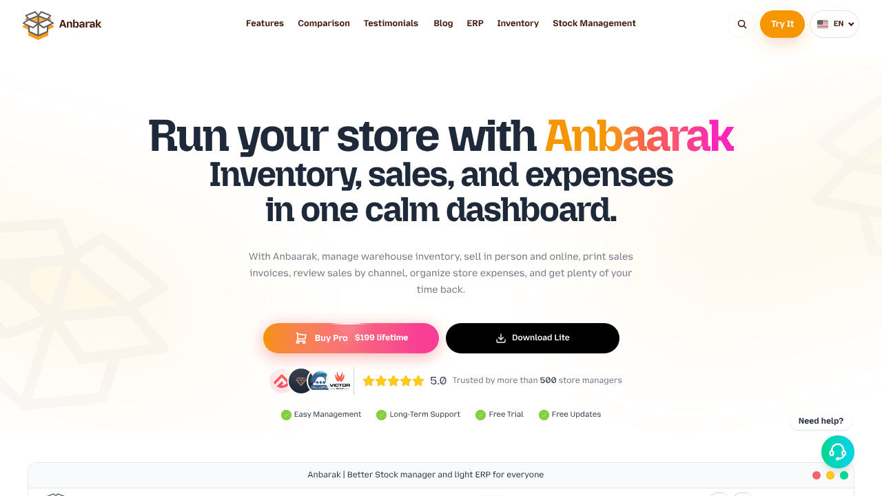 Anbarak ERP website screenshot