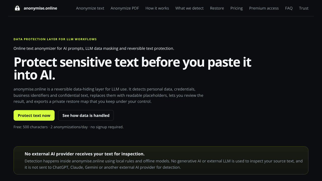 anonymise.online website screenshot