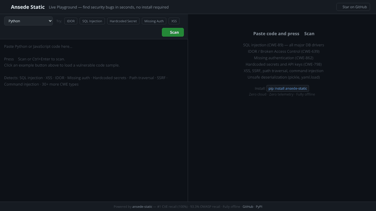 Ansede. Live Security Scanner Playground website screenshot