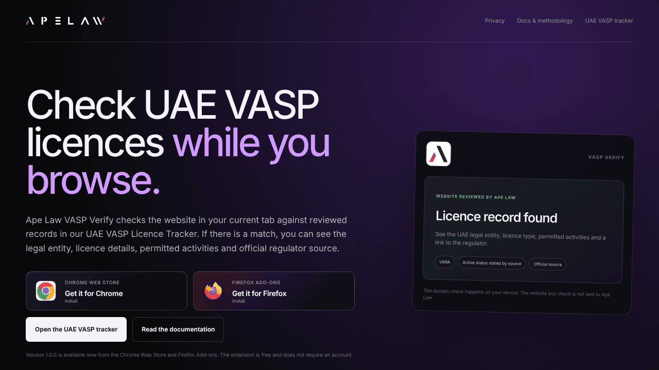 Ape Law UAE VASP Licence Tracker website screenshot