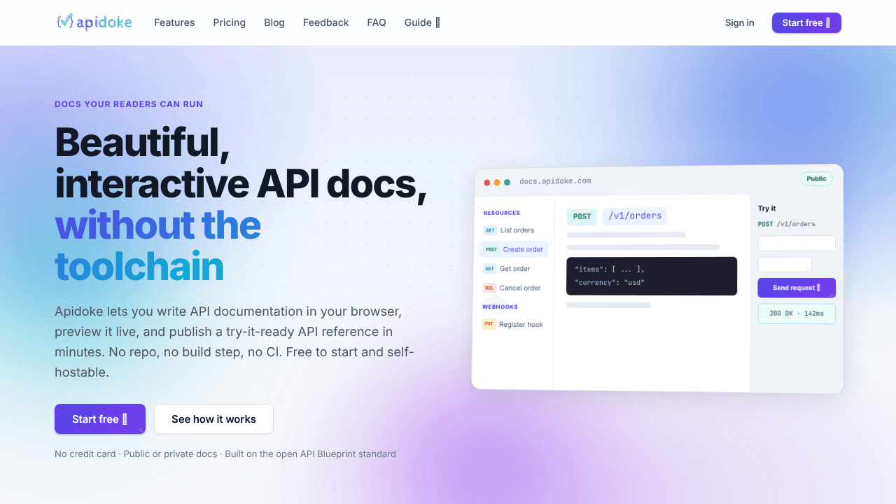 Apidoke — Interactive API Documentation website screenshot