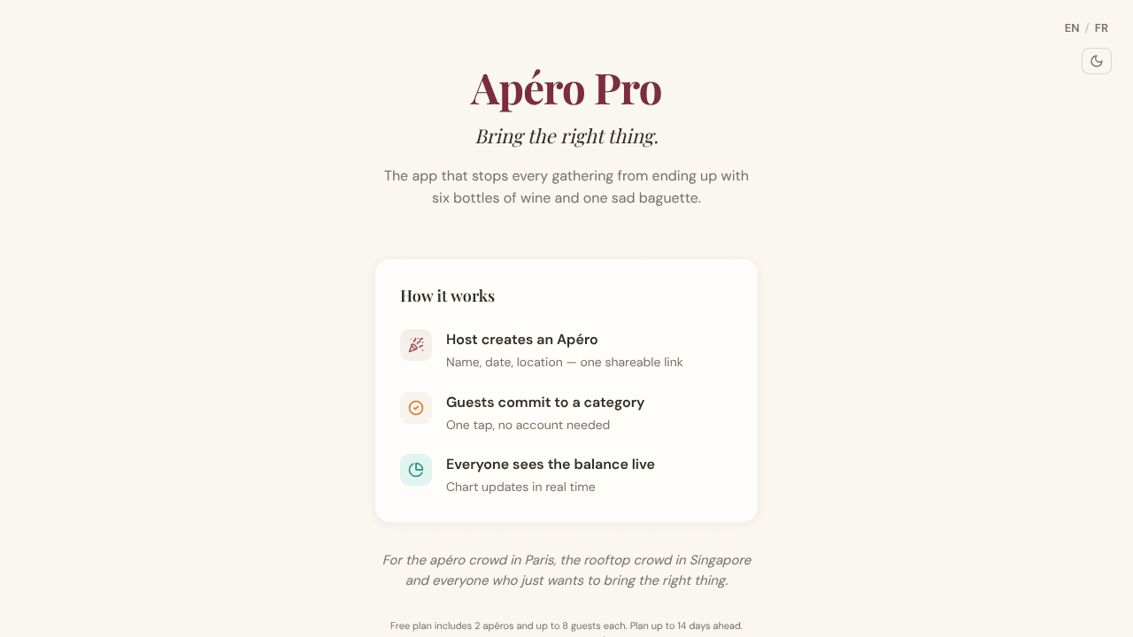 Apéro Pro — Bring the right thing website screenshot