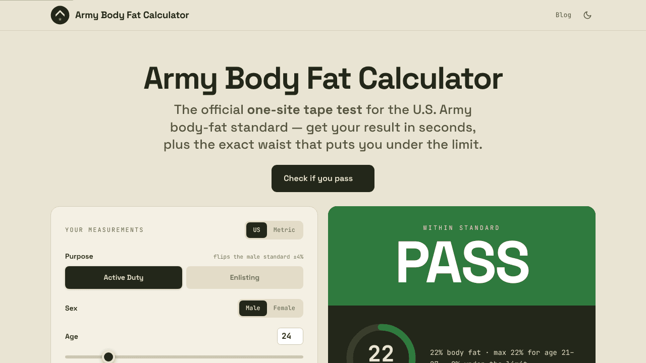 Army Body Fat Calculator website screenshot