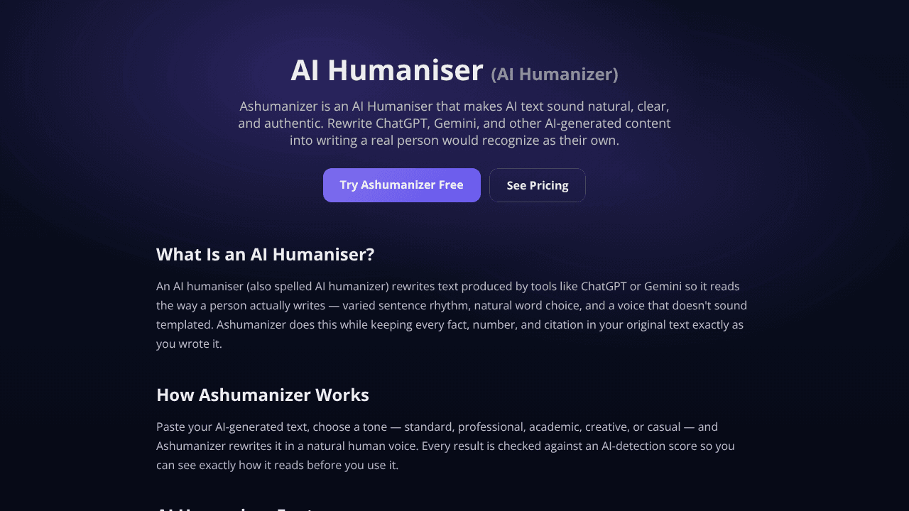 Ashumanizer — AI Humaniser website screenshot