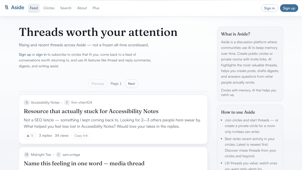 Aside website screenshot