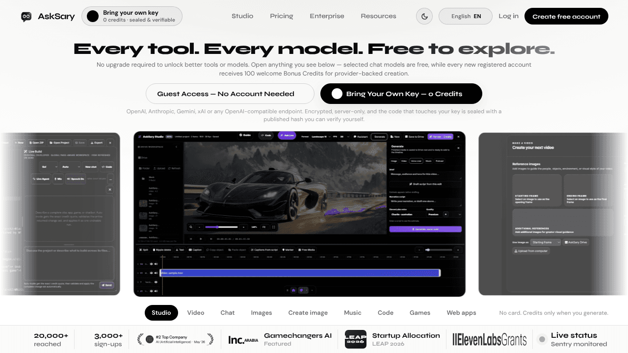 AskSary - BYOK-supported AI Studio website screenshot