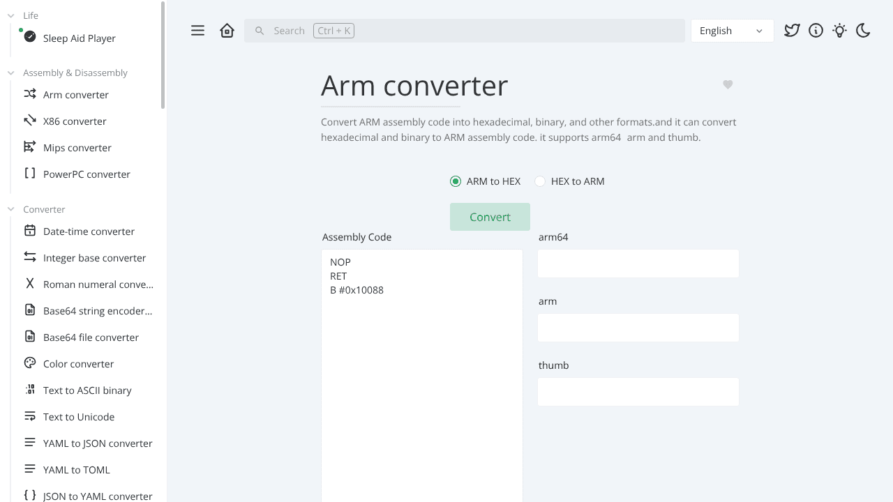 assembler-disassembler tool website screenshot