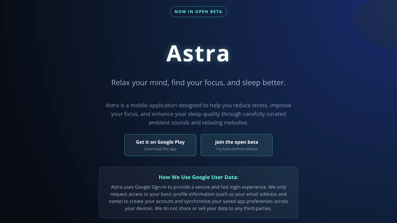 Astra: Sleep & Focus website screenshot