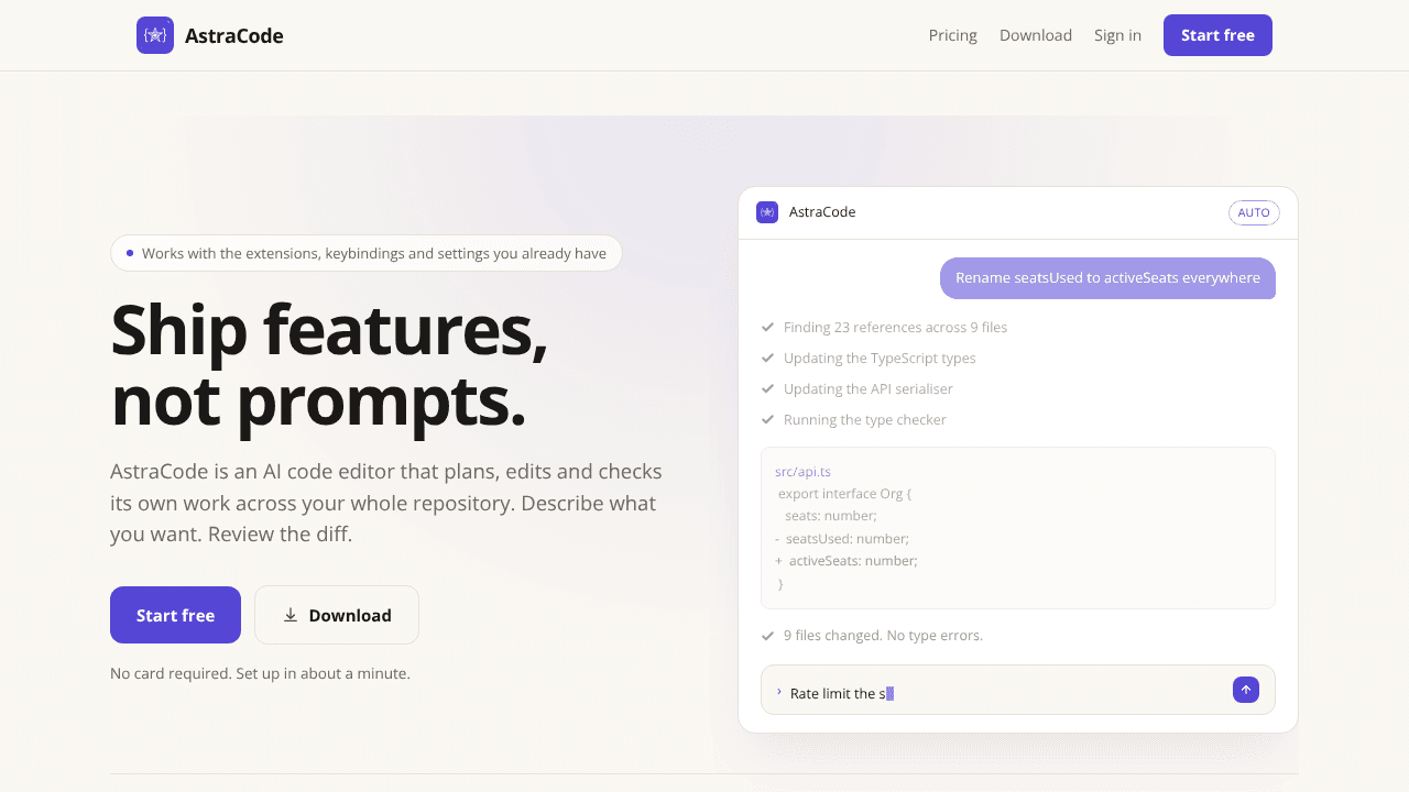 AstraCode website screenshot