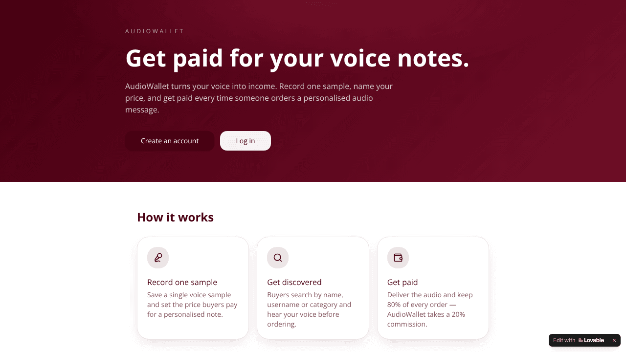 AudioWallet — Earn from voice notes website screenshot
