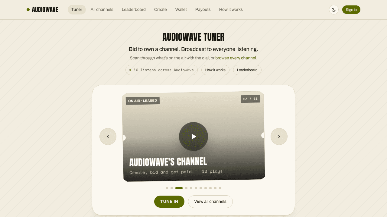 Audiowave — voice channel auctions website screenshot