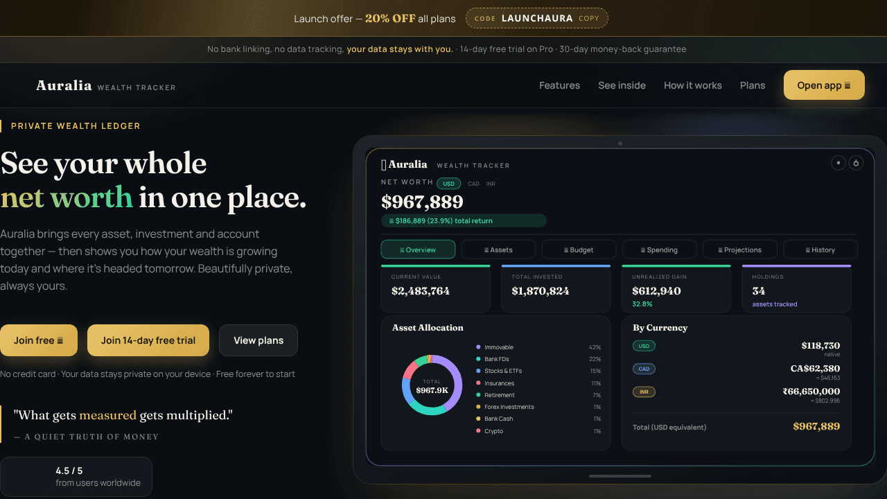 Auralia Wealth Tracker website screenshot