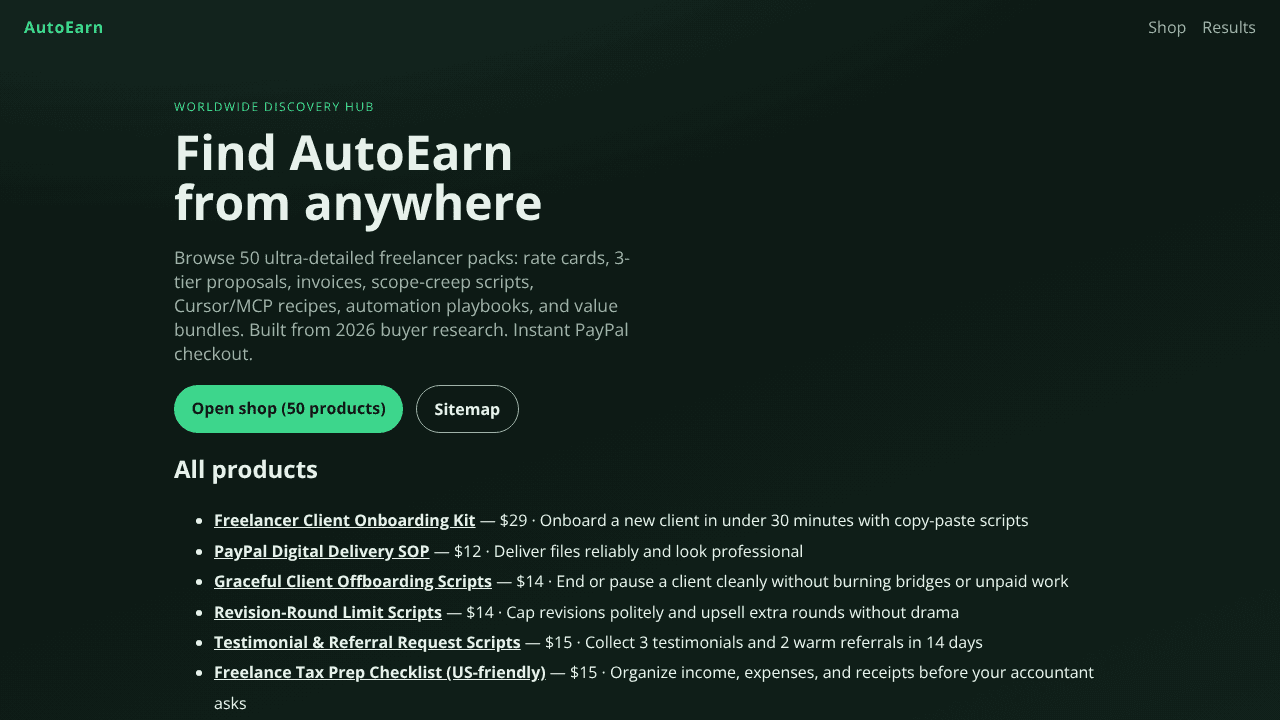 AutoEarn Freelancer Packs website screenshot