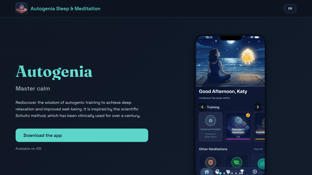 Autogenia Calm & focus meditation website screenshot
