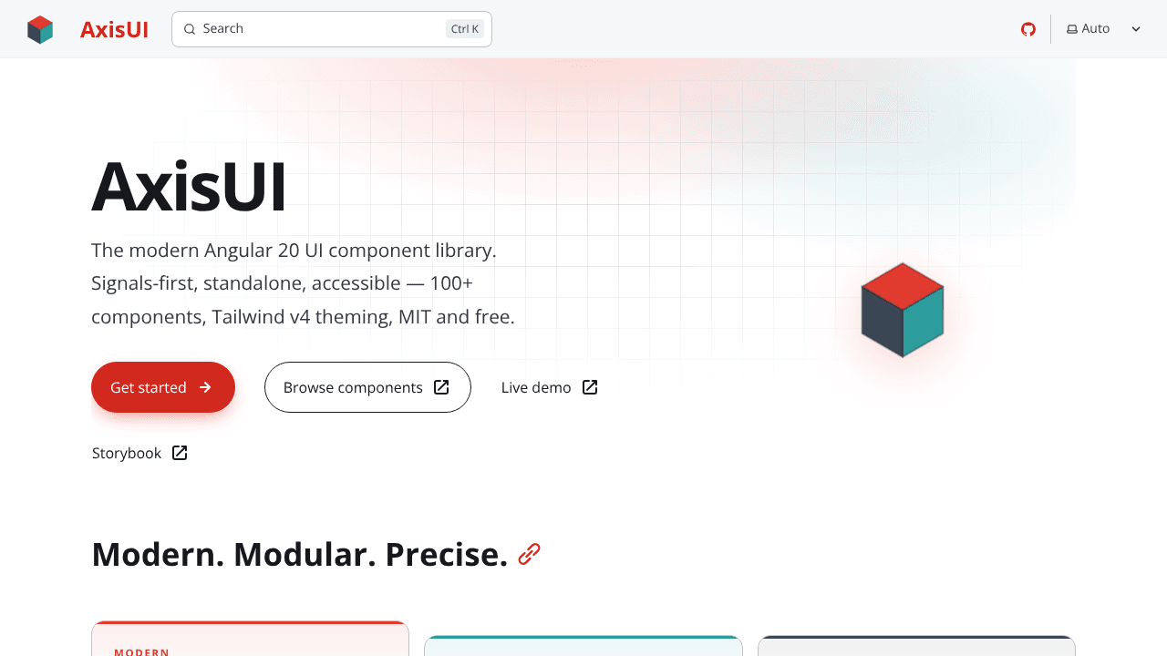 AxisUI — Angular 20 UI Library website screenshot