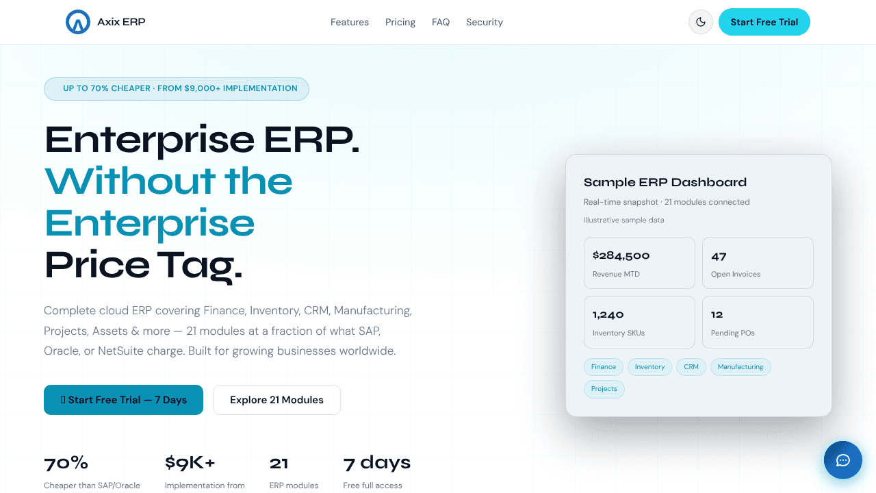 Axix ERP website screenshot