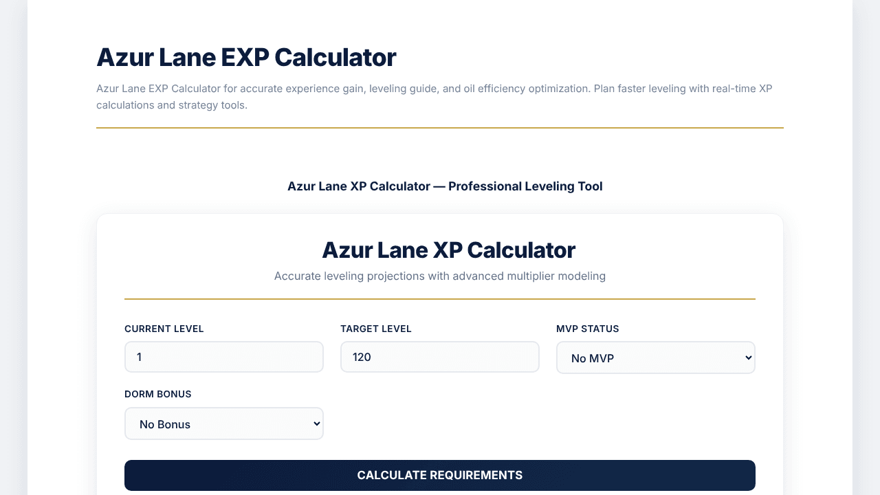 Azur Lane EXP Calculator website screenshot