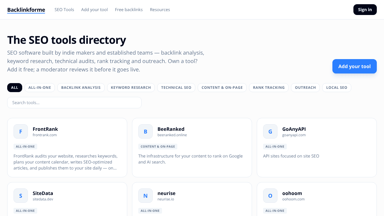 Backlinkforme — SEO Tools Directory website screenshot