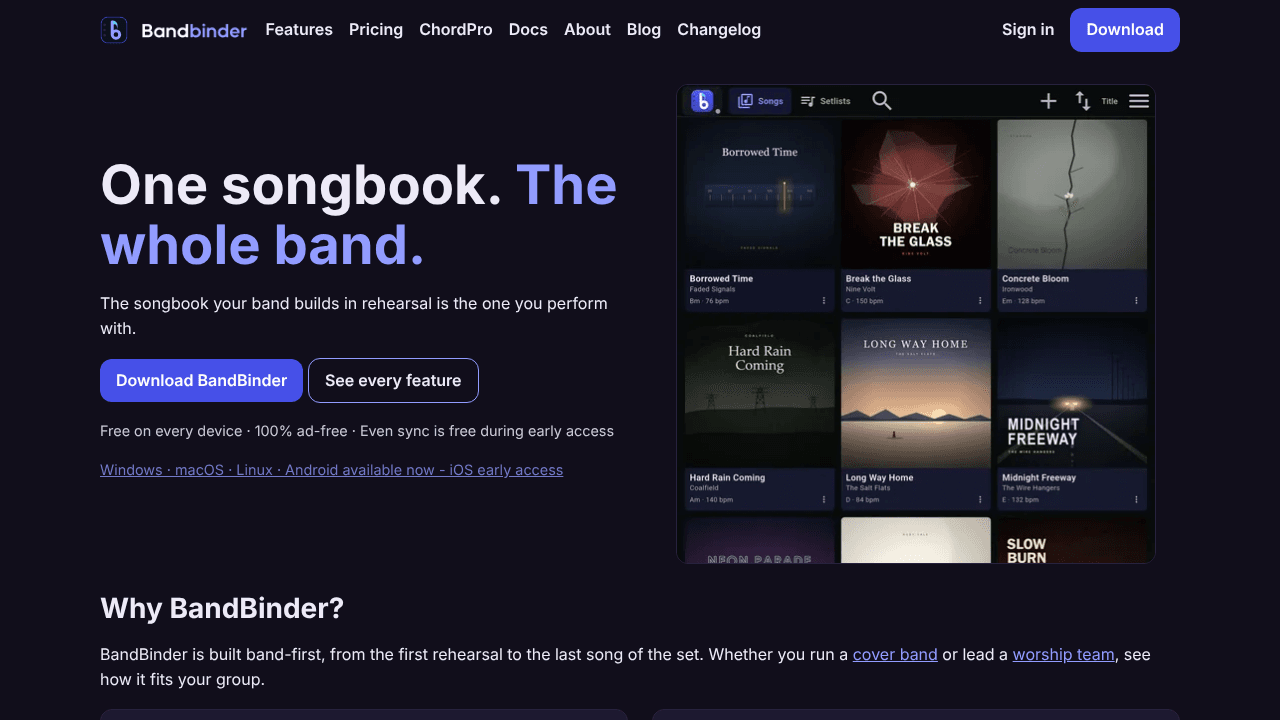 BandBinder: Charts & Setlists website screenshot