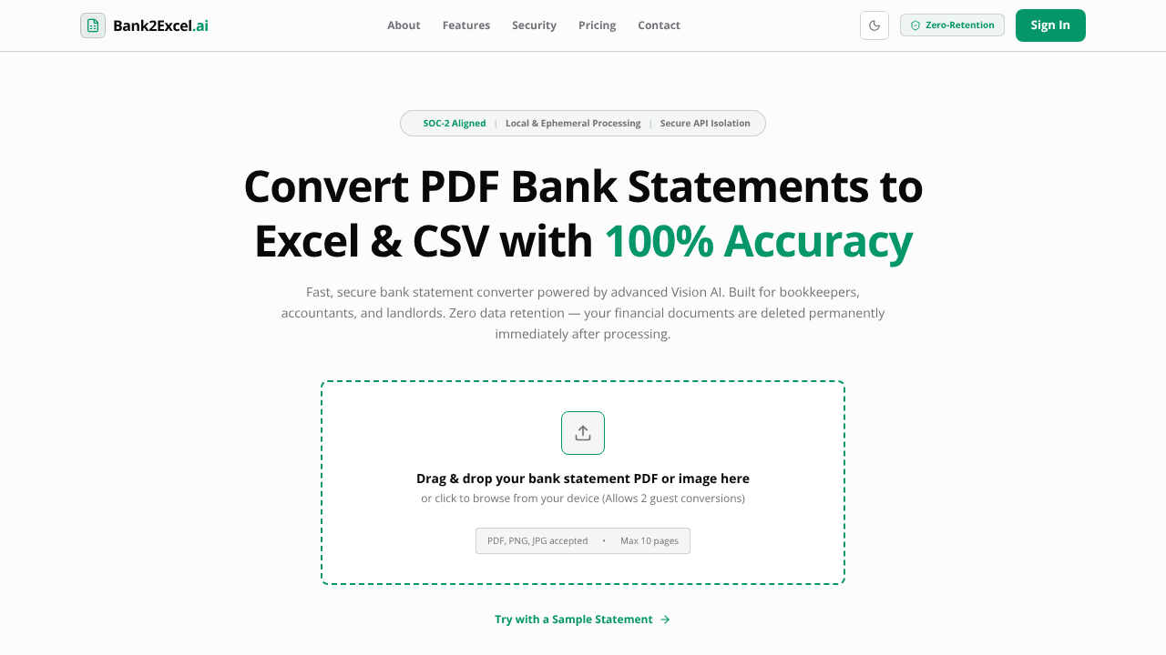 Bank2Excel-ai.com - Bank PDF to Excel website screenshot