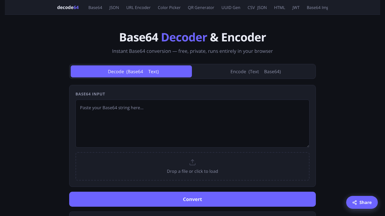 Base64 Decoder & Encoder Online — Free website screenshot