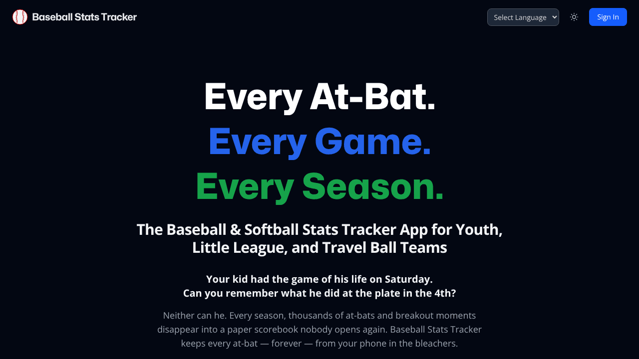 Baseball Stats Tracker website screenshot