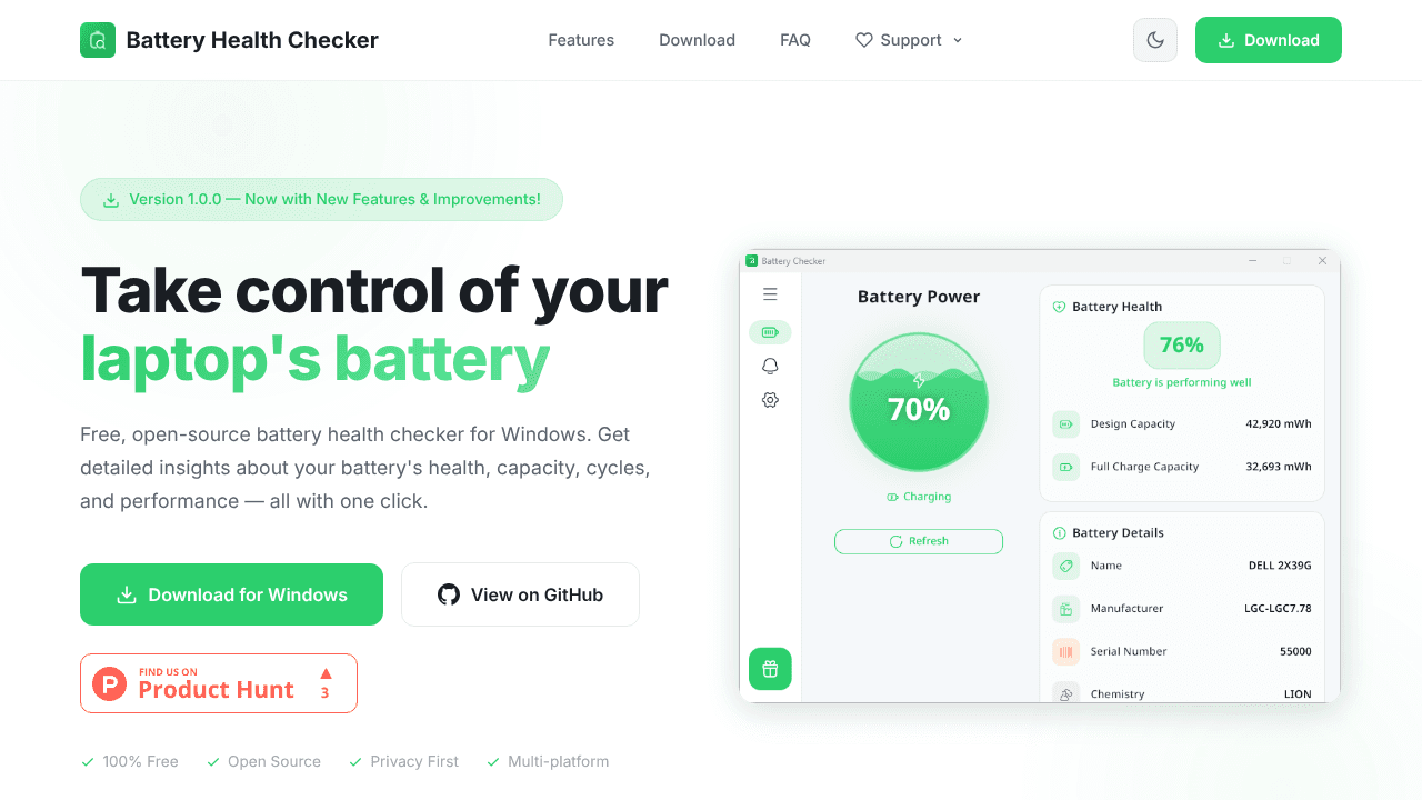Battery Health Checker website screenshot