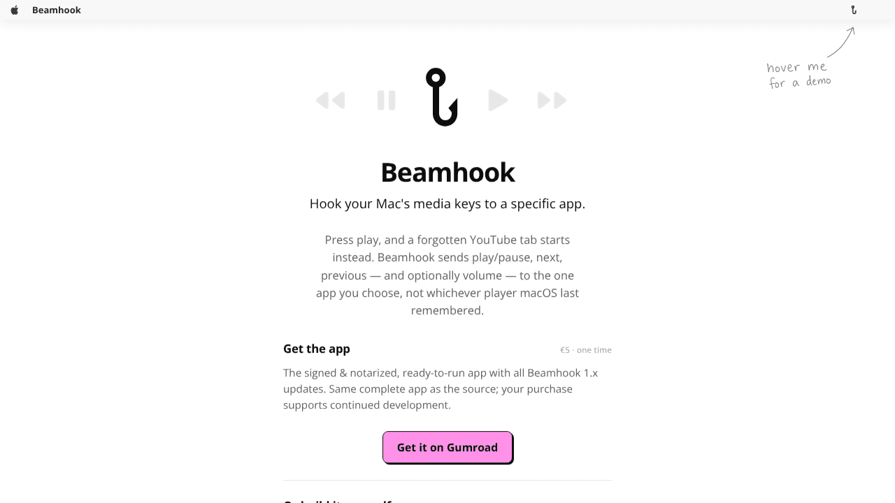 Beamhook menubar website screenshot