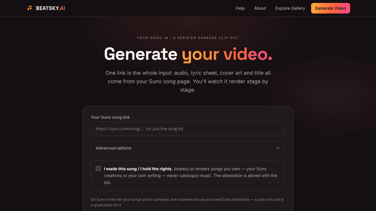 BeatSky.ai - convert AI music to karaoke website screenshot