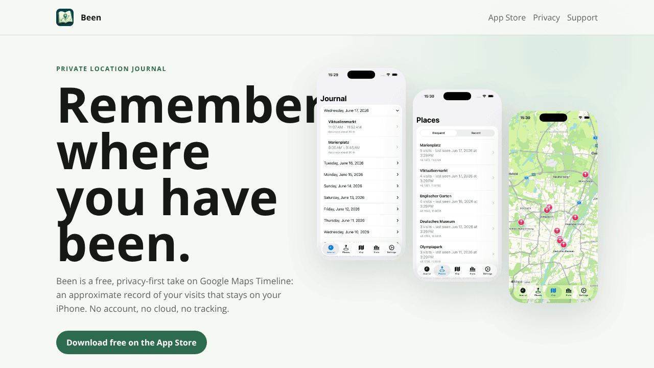 Been - Your Private Location Log website screenshot