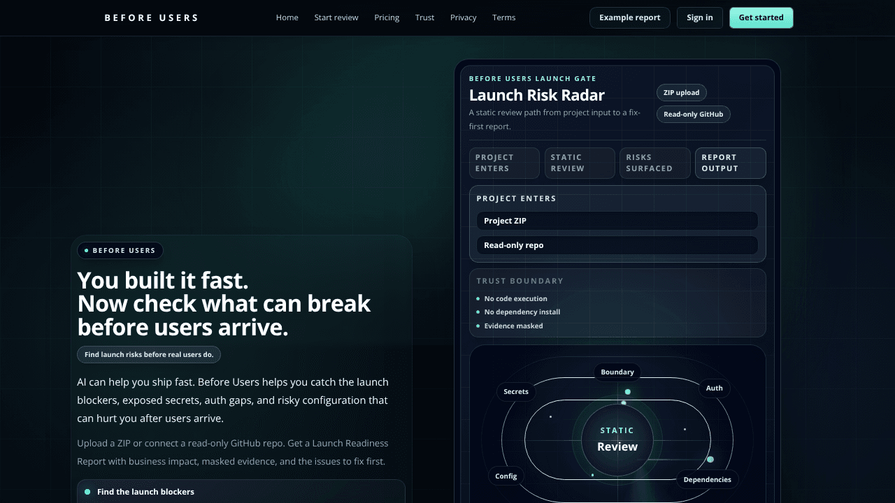 Before Users website screenshot