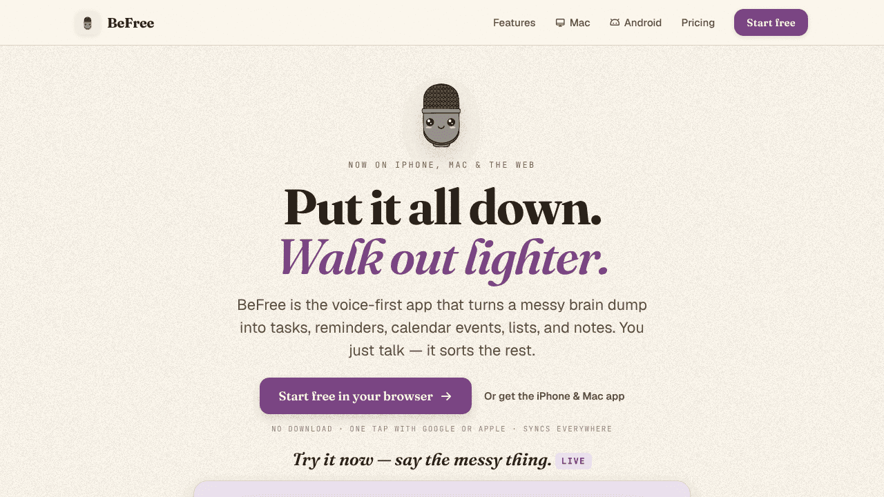 BeFree - Brain Dump website screenshot