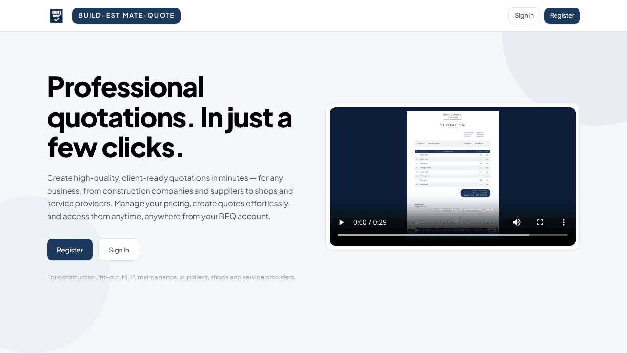 BEQ — Build Estimate Quote website screenshot