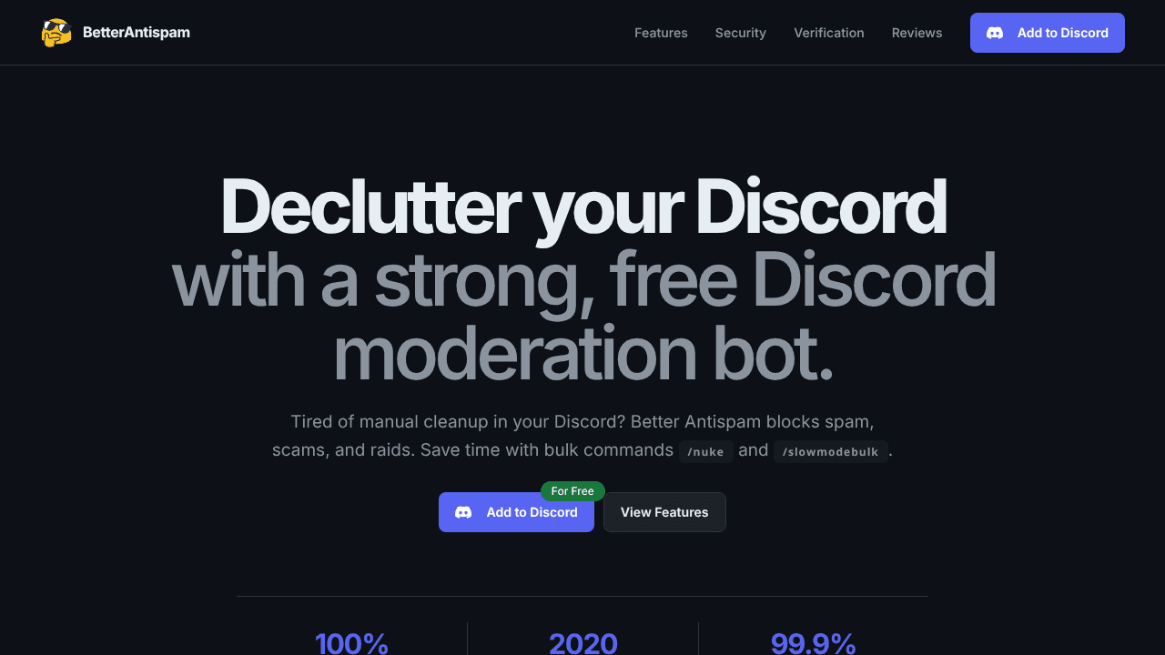 BetterAntispam: Discord Moderation Bot website screenshot