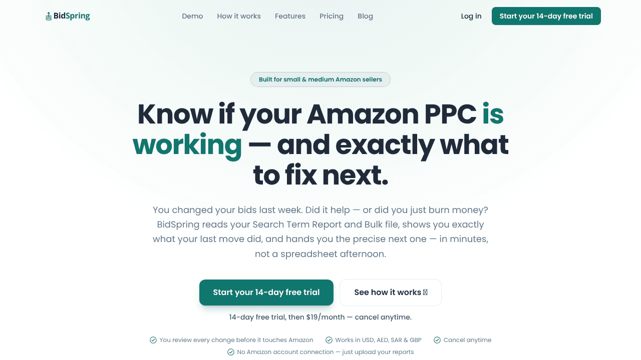 BidSpring - Amazon PPC Optimization website screenshot