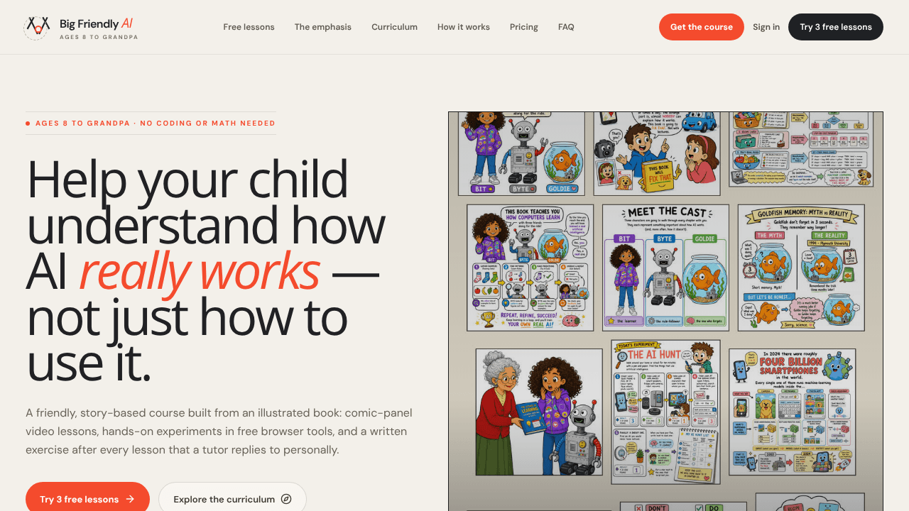 Big Friendly AI for Kids and beginners website screenshot