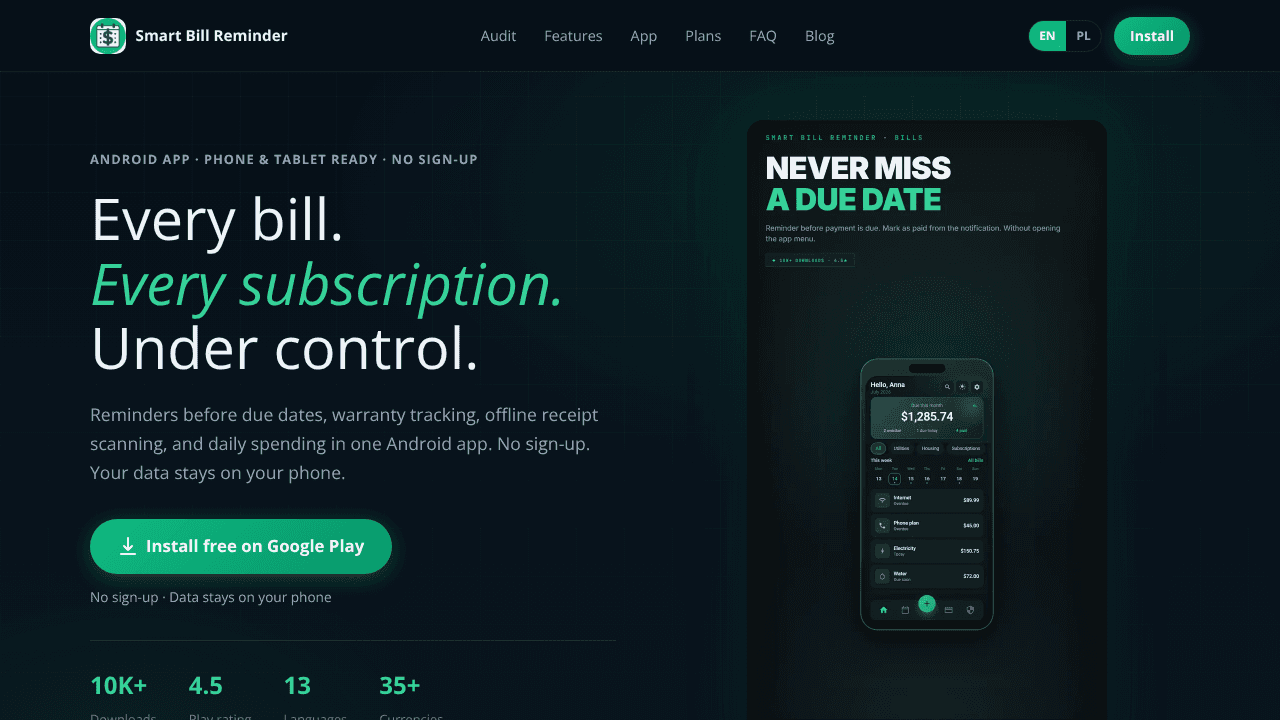 Bill Reminder for Android website screenshot