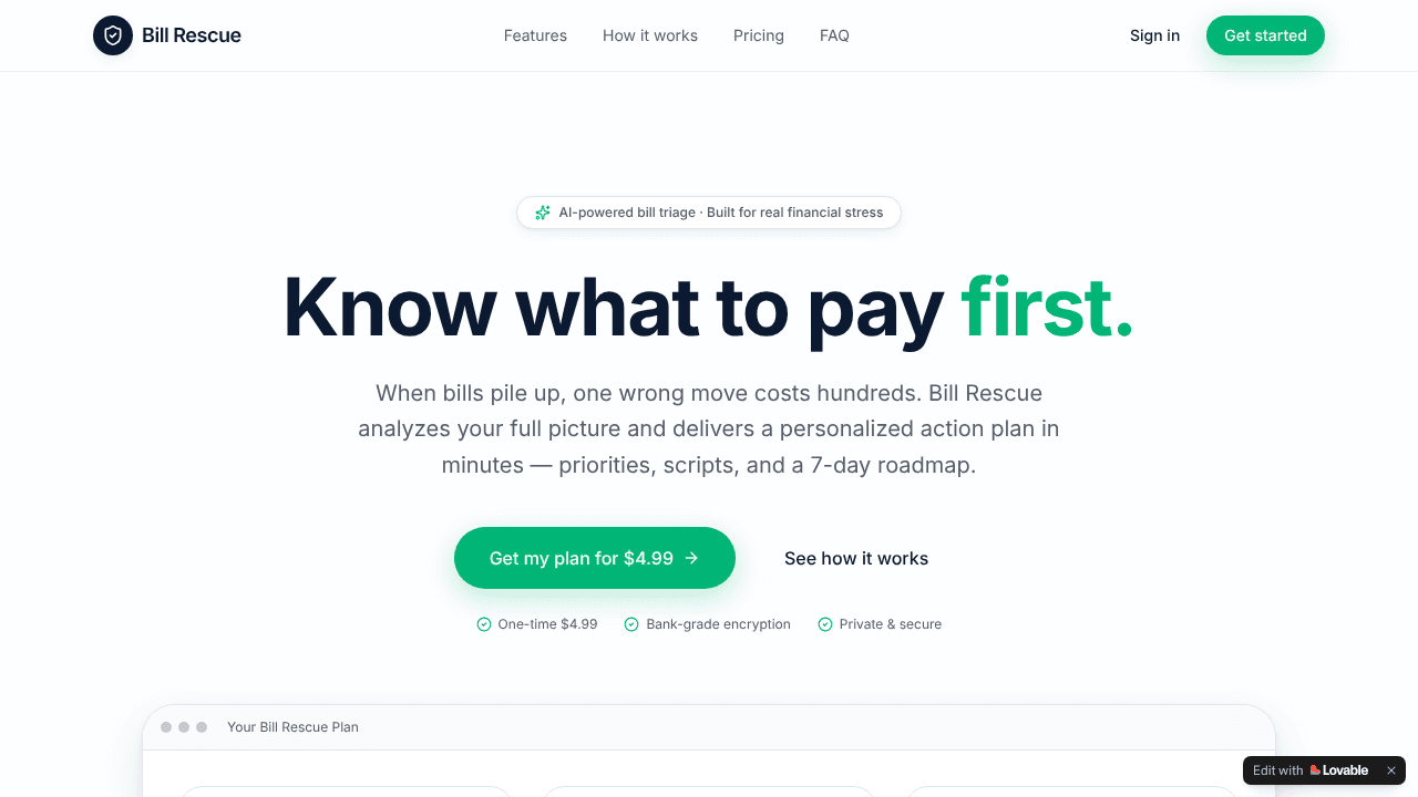Bill Rescue — Know What To Pay First website screenshot
