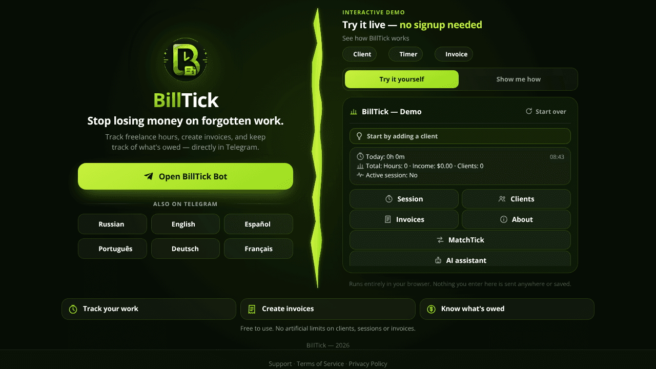 BillTick — Time tracking & invoicing website screenshot