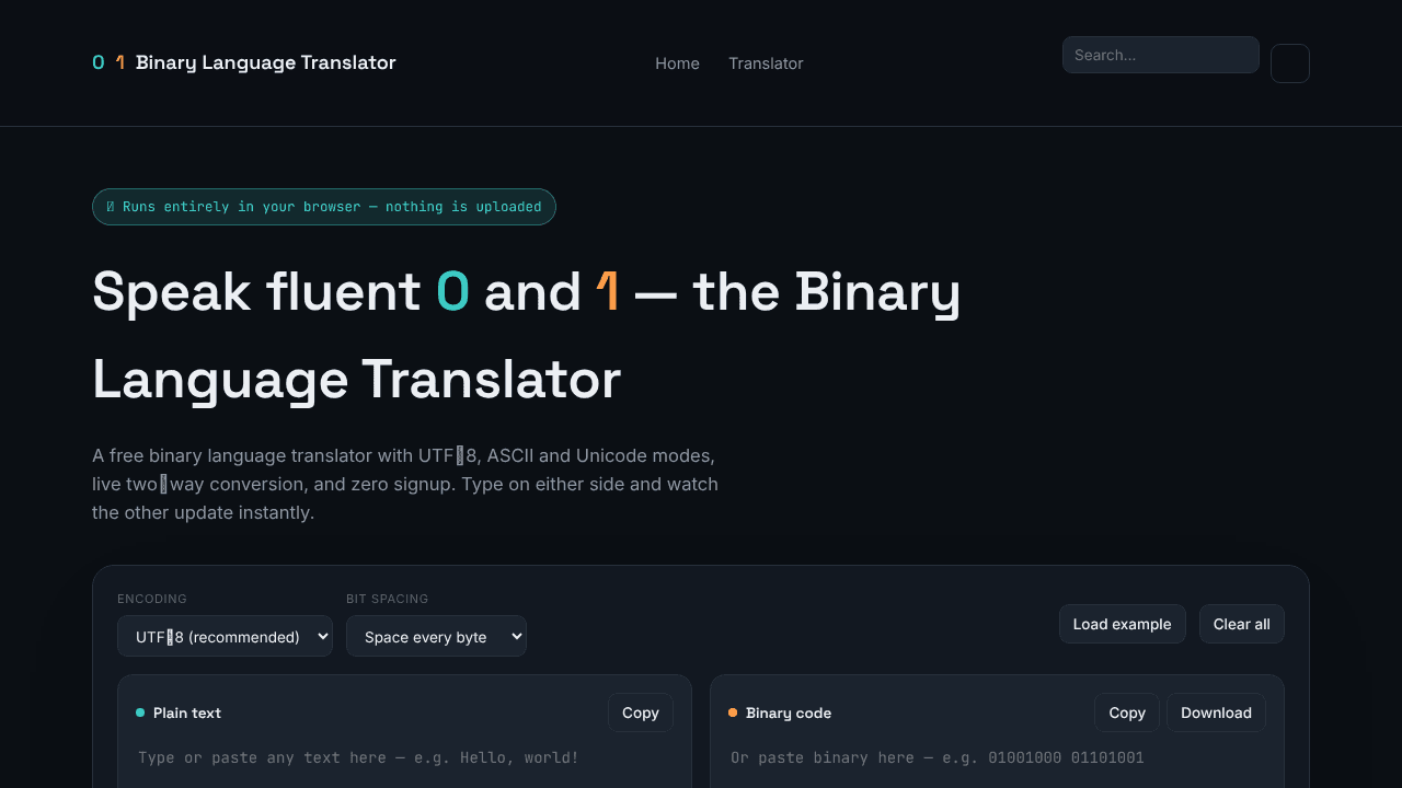 Binary Language Translator  website screenshot