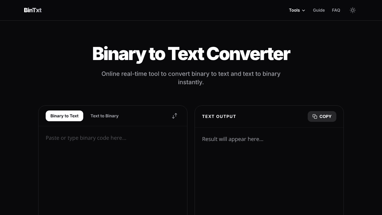 BinTxt - Binary to Text Converter website screenshot