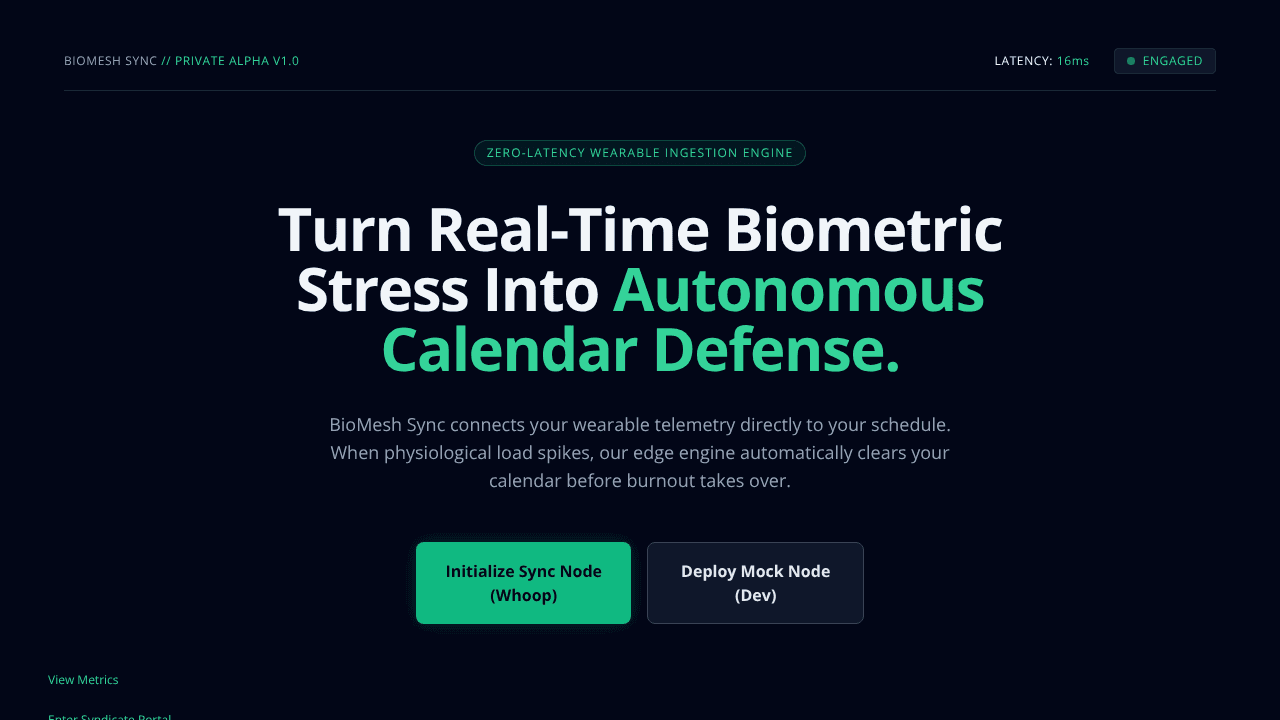 BioMesh Sync,Autonomous Calendar Defense website screenshot