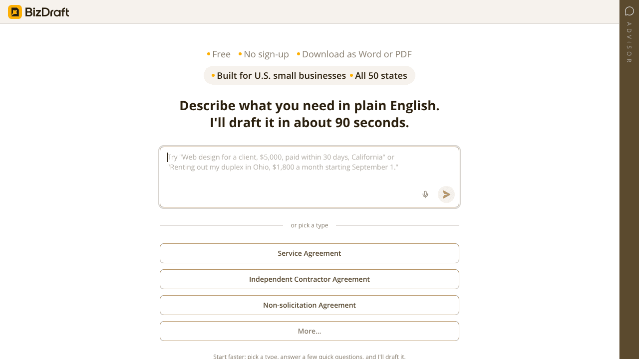 BizDraft website screenshot
