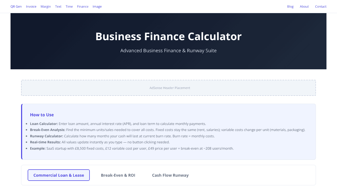 BizFinanceCalc website screenshot