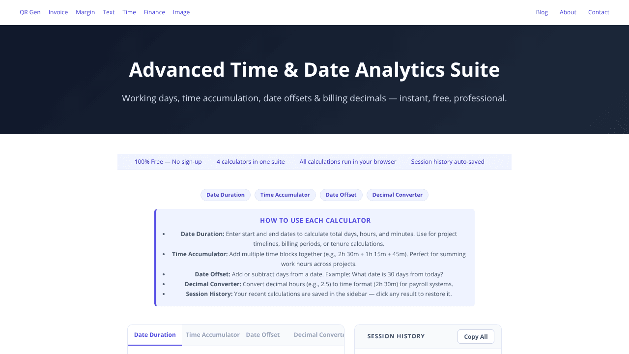 BizTimeCalculator website screenshot