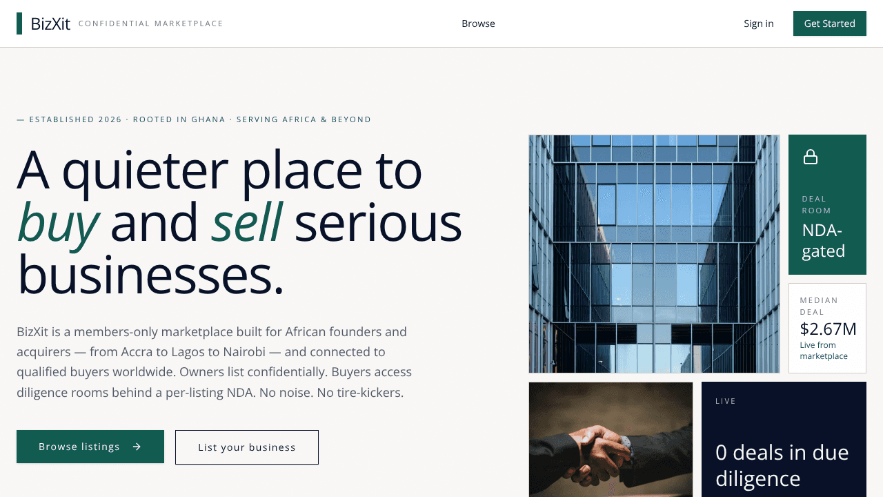 BizXit-Confidential Business Marketplace website screenshot
