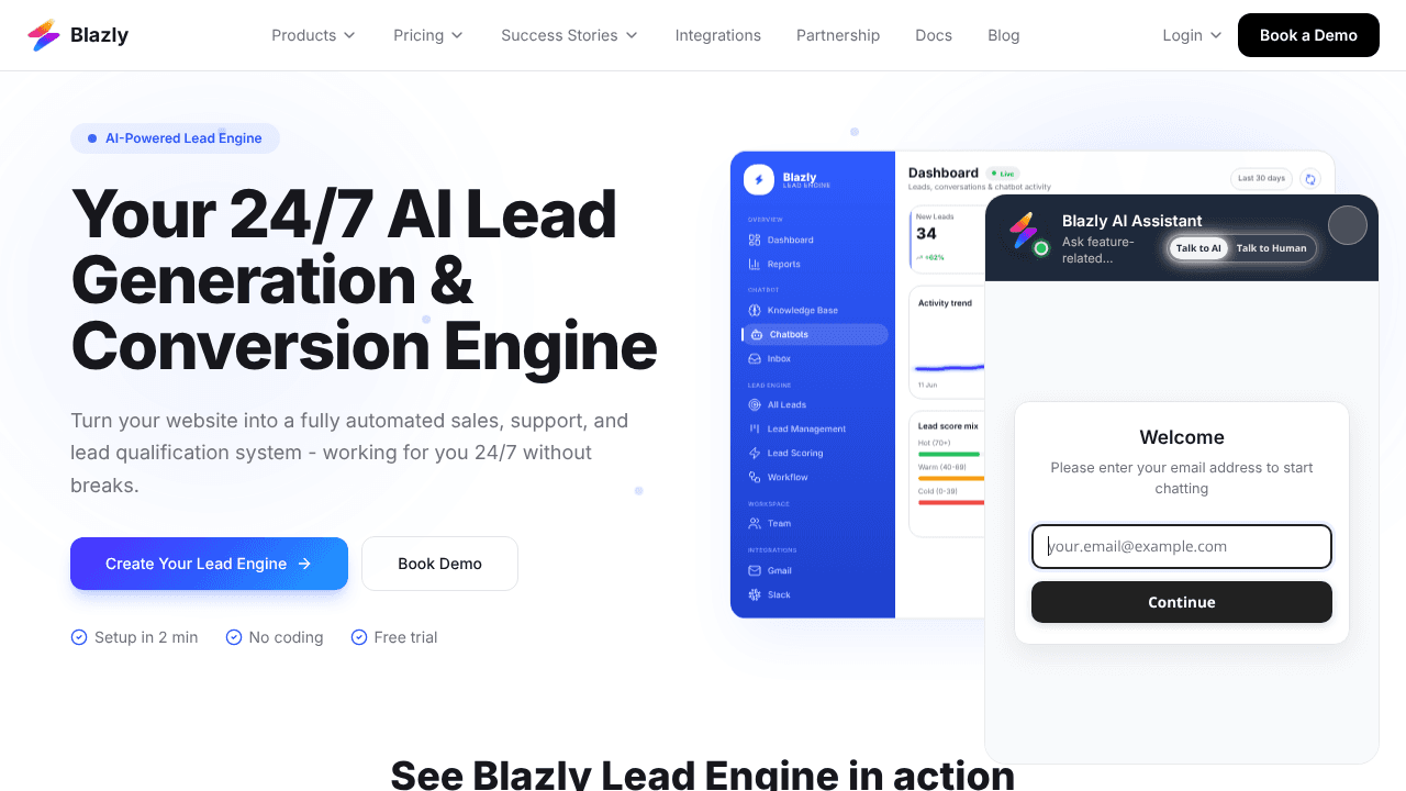 Blazly Lead Engine website screenshot