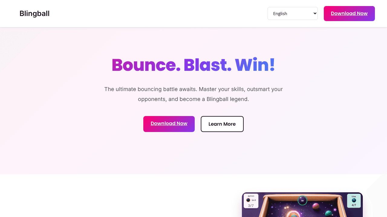 Blingball billard battle game website screenshot